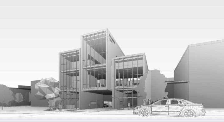Architectural rendering of a modern multi-story commercial building with large glass facades, geometric design elements, and a car in the foreground, planned for 12030 88th Ave Surrey.
