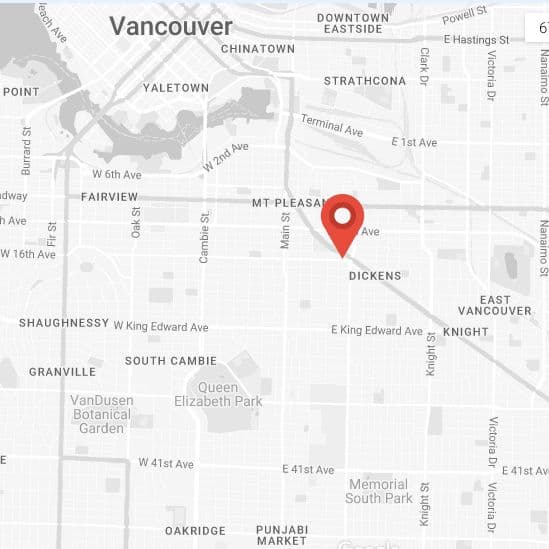 A map of Vancouver with the 676 E 22nd build marked